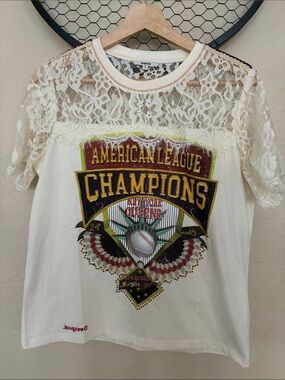 Desigual Baseball NY Queens Tee Shirt with Lace Detailing sleeves